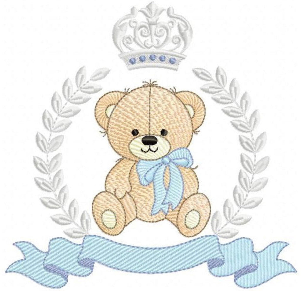 Royal teddy bear embroidery design with crown and laurel wreath