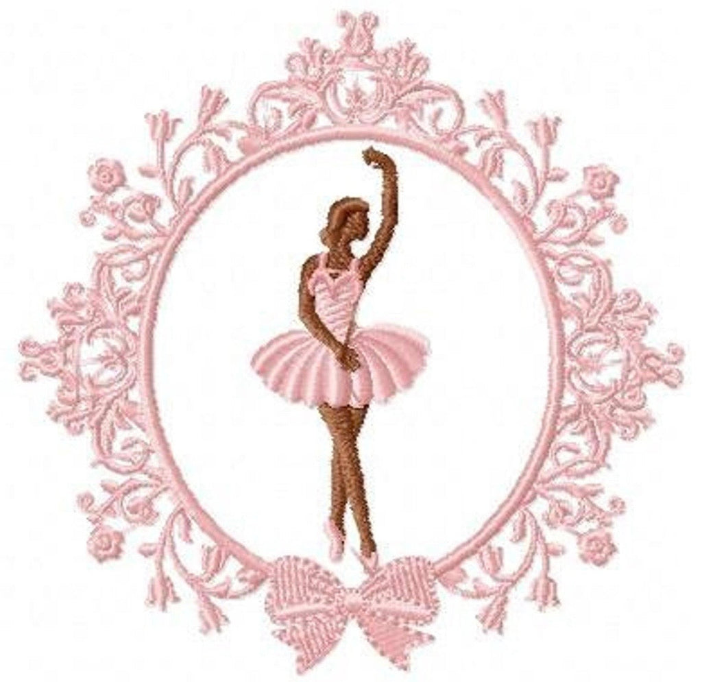 Ballerina embroidery design in a pink floral frame